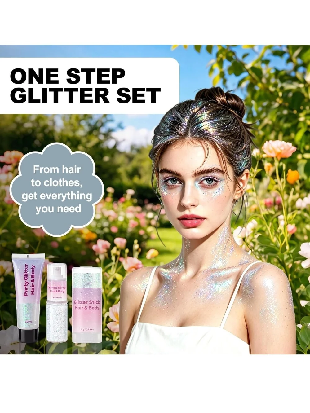 3-in-1 Body Face Hair Glitter Set, Sparkling White Iridescent Glitter Gel